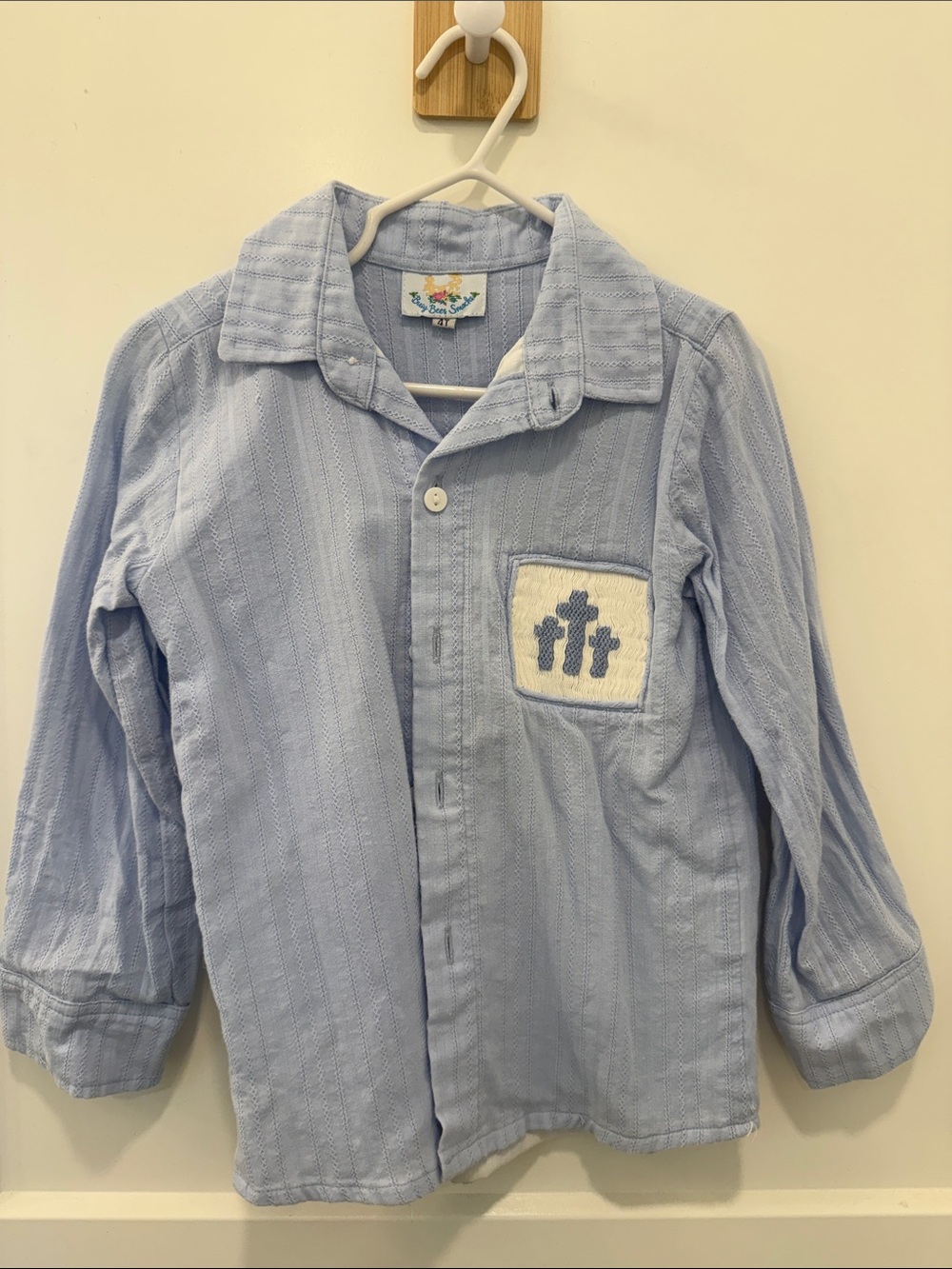 Light Blue Kids Button-Up Shirt with Pocket Cross Detail